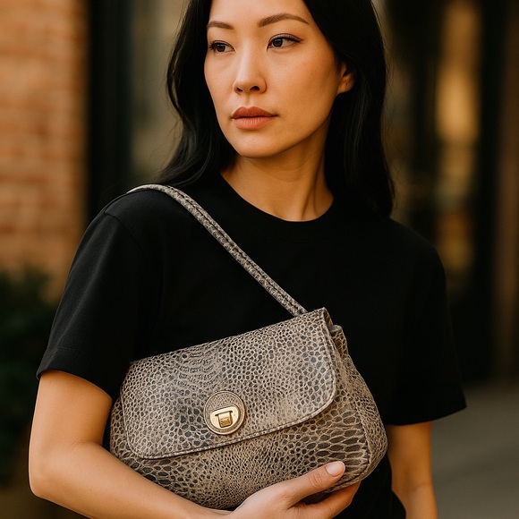 Elliott Lucca Gray Snakeskin Leather Style Pocket Double Handle Shoulder Bag - Picture 2 of 16